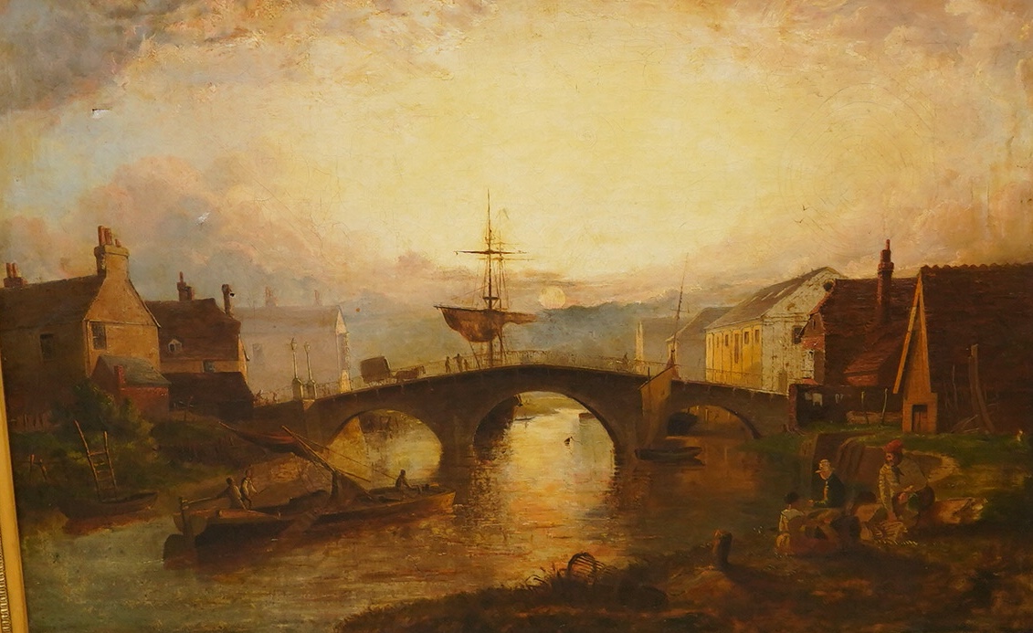 19th century, English School, Arundel riverscape, unsigned, oil on canvas, 60 x 91cm, ornate carved giltwood frame